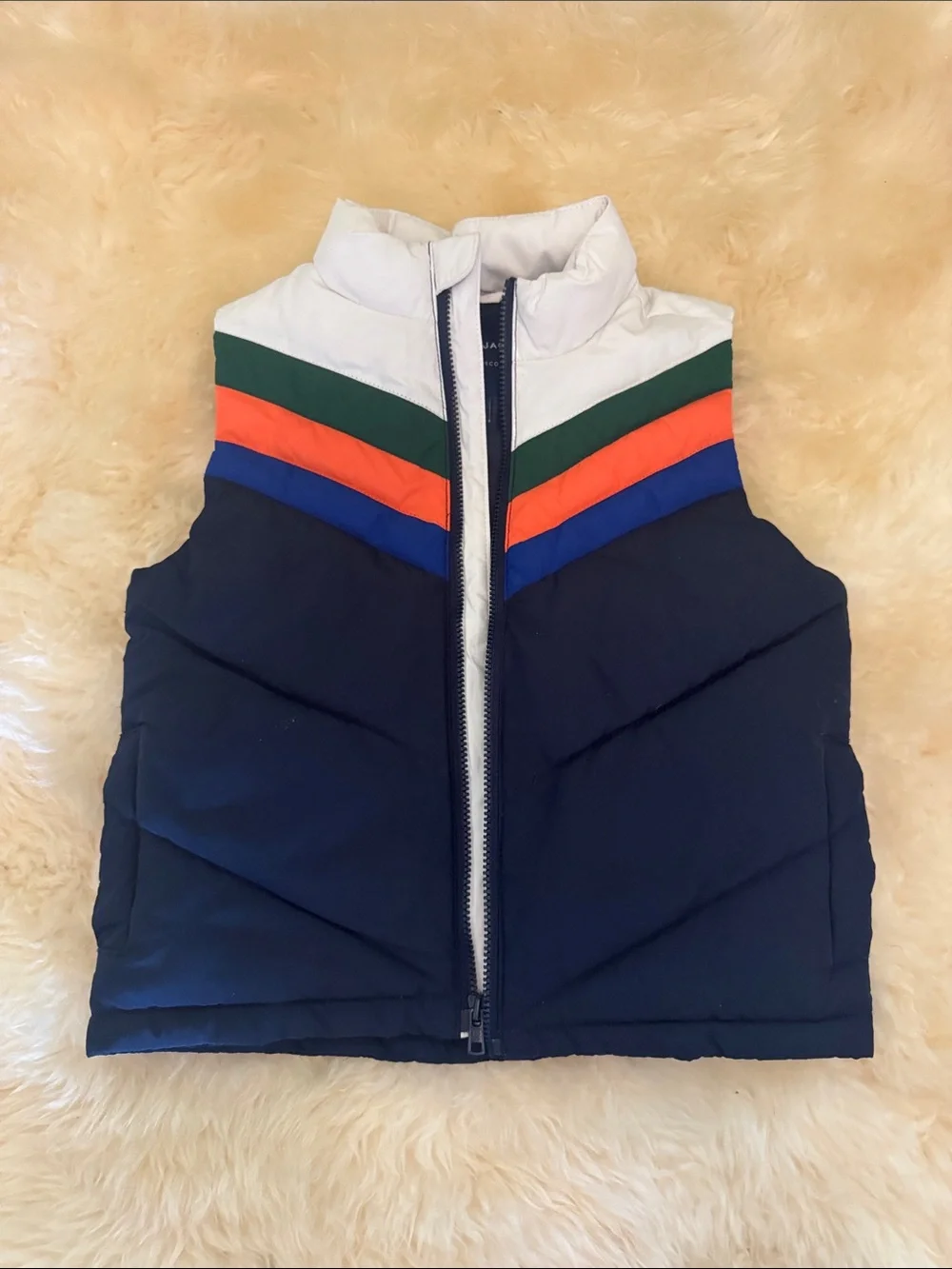 Janie and Jack Navy Puffer Vest with White, Green, Orange, and Blue Chevron